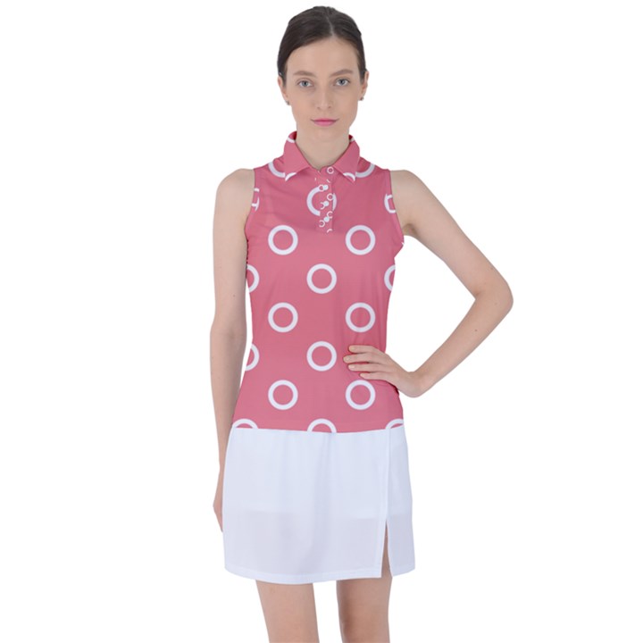 Coral Pink and White Circles Polka Dots Women s Sleeveless Polo Tee