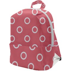 Coral Pink And White Circles Polka Dots Zip Up Backpack by SpinnyChairDesigns