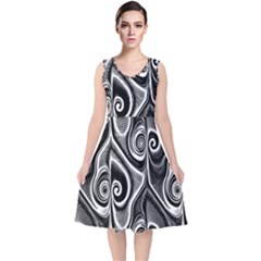 Abstract Black And White Swirls Spirals V-neck Midi Sleeveless Dress  by SpinnyChairDesigns