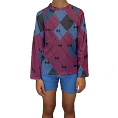 Burgundy Black Blue Abstract Check Pattern Kids  Long Sleeve Swimwear by SpinnyChairDesigns