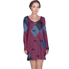 Burgundy Black Blue Abstract Check Pattern Long Sleeve Nightdress by SpinnyChairDesigns