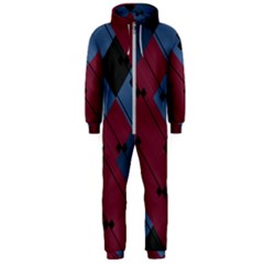 Burgundy Black Blue Abstract Check Pattern Hooded Jumpsuit (men)  by SpinnyChairDesigns