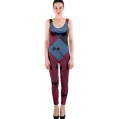 Burgundy Black Blue Abstract Check Pattern One Piece Catsuit by SpinnyChairDesigns