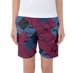 Burgundy Black Blue Abstract Check Pattern Women s Basketball Shorts by SpinnyChairDesigns