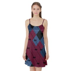 Burgundy Black Blue Abstract Check Pattern Satin Night Slip by SpinnyChairDesigns