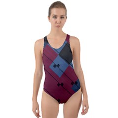 Burgundy Black Blue Abstract Check Pattern Cut-out Back One Piece Swimsuit by SpinnyChairDesigns