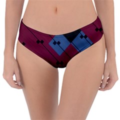 Burgundy Black Blue Abstract Check Pattern Reversible Classic Bikini Bottoms by SpinnyChairDesigns