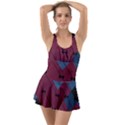 Burgundy Black Blue Abstract Check Pattern Ruffle Top Dress Swimsuit View1