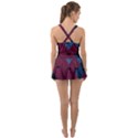 Burgundy Black Blue Abstract Check Pattern Ruffle Top Dress Swimsuit View2