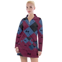 Burgundy Black Blue Abstract Check Pattern Women s Long Sleeve Casual Dress by SpinnyChairDesigns