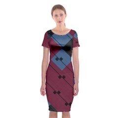 Burgundy Black Blue Abstract Check Pattern Classic Short Sleeve Midi Dress by SpinnyChairDesigns