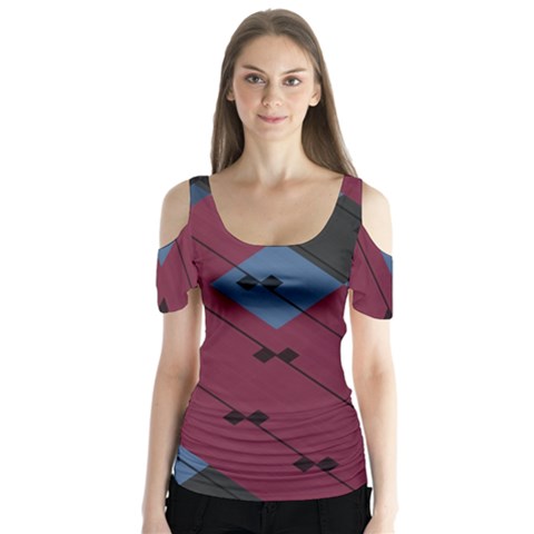 Burgundy Black Blue Abstract Check Pattern Butterfly Sleeve Cutout Tee  by SpinnyChairDesigns