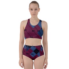 Burgundy Black Blue Abstract Check Pattern Racer Back Bikini Set