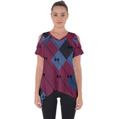 Burgundy Black Blue Abstract Check Pattern Cut Out Side Drop Tee by SpinnyChairDesigns
