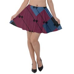 Burgundy Black Blue Abstract Check Pattern Velvet Skater Skirt by SpinnyChairDesigns