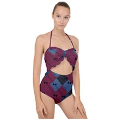 Burgundy Black Blue Abstract Check Pattern Scallop Top Cut Out Swimsuit by SpinnyChairDesigns