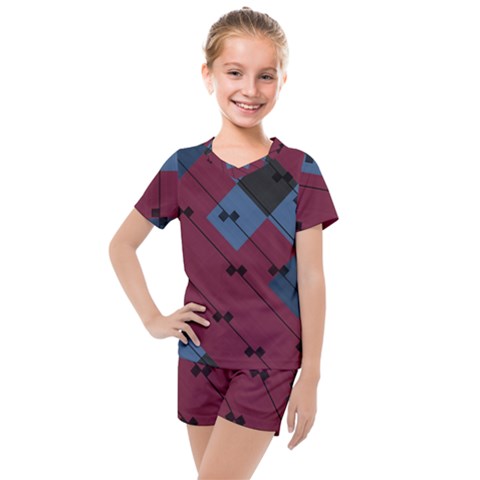 Burgundy Black Blue Abstract Check Pattern Kids  Mesh Tee And Shorts Set by SpinnyChairDesigns