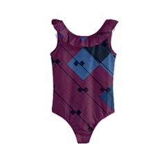 Burgundy Black Blue Abstract Check Pattern Kids  Frill Swimsuit by SpinnyChairDesigns