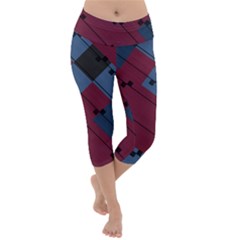 Burgundy Black Blue Abstract Check Pattern Lightweight Velour Capri Yoga Leggings by SpinnyChairDesigns