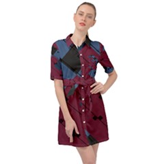 Burgundy Black Blue Abstract Check Pattern Belted Shirt Dress by SpinnyChairDesigns