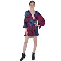 Burgundy Black Blue Abstract Check Pattern V-Neck Flare Sleeve Mini Dress