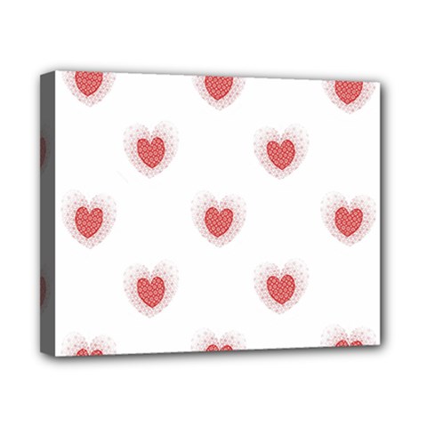 Red Polka Dot Hearts On White Canvas 10  X 8  (stretched) by SpinnyChairDesigns