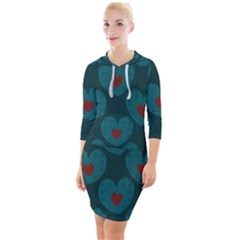 Teal And Red Hearts Quarter Sleeve Hood Bodycon Dress by SpinnyChairDesigns