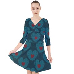 Teal And Red Hearts Quarter Sleeve Front Wrap Dress by SpinnyChairDesigns