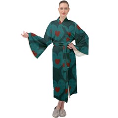 Teal And Red Hearts Maxi Velour Kimono by SpinnyChairDesigns