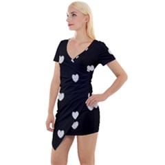 Black And White Polka Dot Hearts Short Sleeve Asymmetric Mini Dress by SpinnyChairDesigns