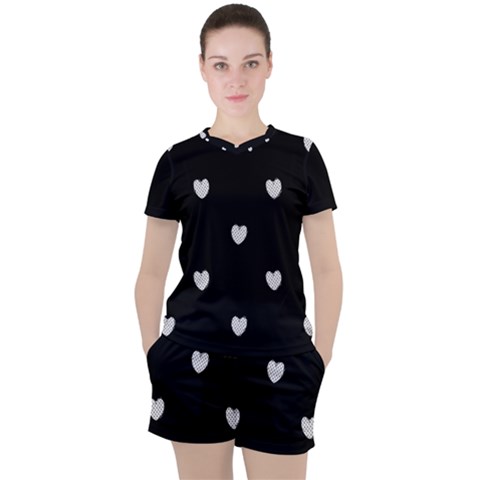 Black And White Polka Dot Hearts Women s Tee And Shorts Set by SpinnyChairDesigns