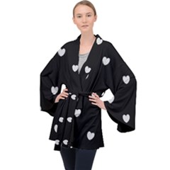 Black And White Polka Dot Hearts Long Sleeve Velvet Kimono  by SpinnyChairDesigns
