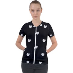 Black And White Polka Dot Hearts Short Sleeve Zip Up Jacket by SpinnyChairDesigns