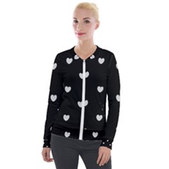 Black And White Polka Dot Hearts Velour Zip Up Jacket by SpinnyChairDesigns