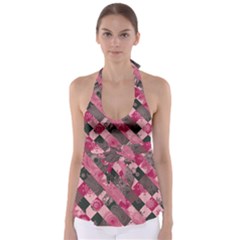 Abstract Pink Grey Stripes Babydoll Tankini Top by SpinnyChairDesigns