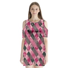 Abstract Pink Grey Stripes Shoulder Cutout Velvet One Piece by SpinnyChairDesigns