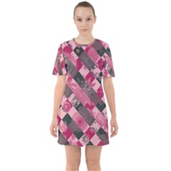 Abstract Pink Grey Stripes Sixties Short Sleeve Mini Dress by SpinnyChairDesigns