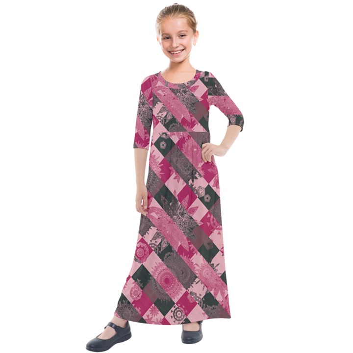 Abstract Pink Grey Stripes Kids  Quarter Sleeve Maxi Dress