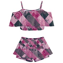 Abstract Pink Grey Stripes Kids  Off Shoulder Skirt Bikini