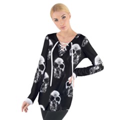 Black And White Skulls Tie Up Tee by SpinnyChairDesigns