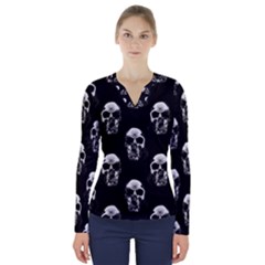 Black And White Skulls V-neck Long Sleeve Top by SpinnyChairDesigns