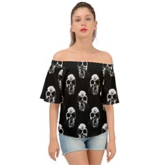 Black And White Skulls Off Shoulder Short Sleeve Top by SpinnyChairDesigns