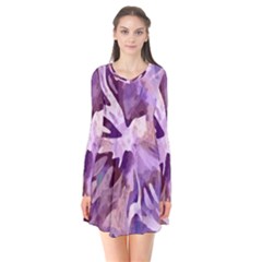 Plum Purple Abstract Floral Pattern Long Sleeve V-neck Flare Dress by SpinnyChairDesigns