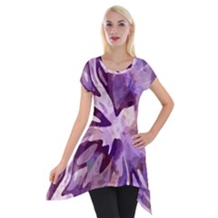 Plum Purple Abstract Floral Pattern Short Sleeve Side Drop Tunic by SpinnyChairDesigns