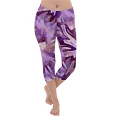 Plum Purple Abstract Floral Pattern Lightweight Velour Capri Yoga Leggings by SpinnyChairDesigns