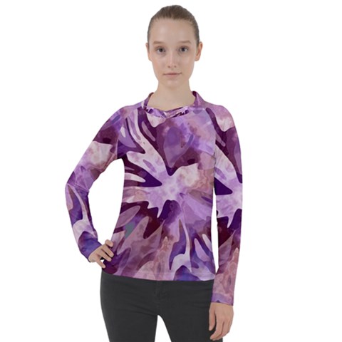 Plum Purple Abstract Floral Pattern Women s Pique Long Sleeve Tee by SpinnyChairDesigns