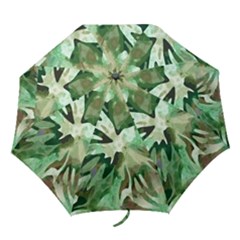 Green Brown Abstract Floral Pattern Folding Umbrellas by SpinnyChairDesigns