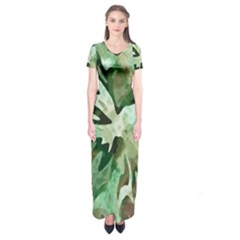 Green Brown Abstract Floral Pattern Short Sleeve Maxi Dress by SpinnyChairDesigns