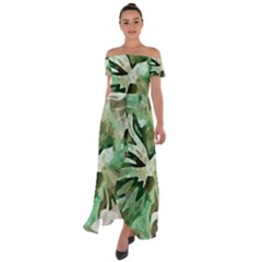 Green Brown Abstract Floral Pattern Off Shoulder Open Front Chiffon Dress by SpinnyChairDesigns