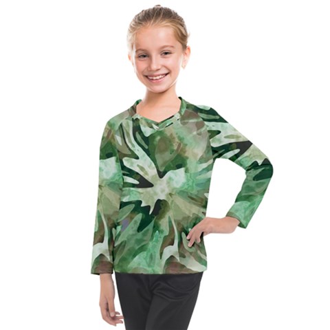 Green Brown Abstract Floral Pattern Kids  Long Mesh Tee by SpinnyChairDesigns